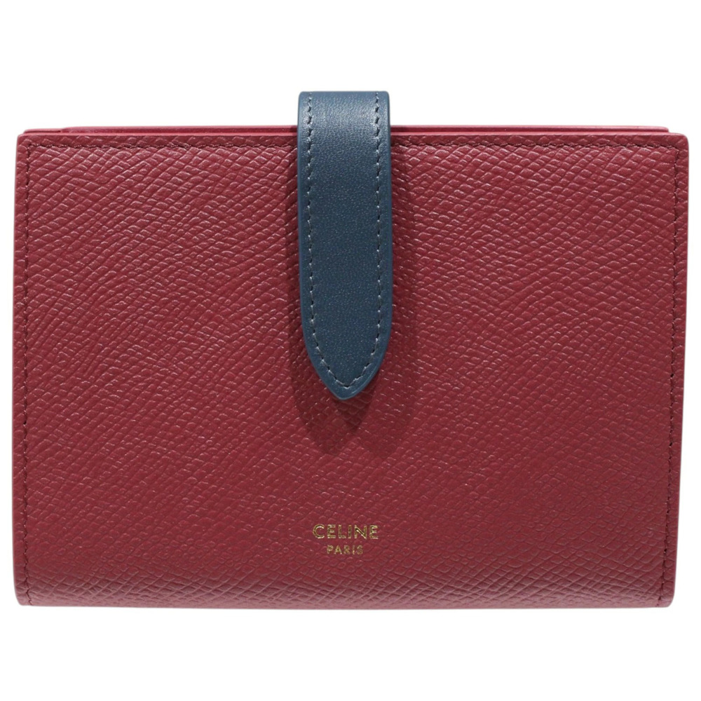 CELINE Strap Wallet Leather Bordeaux Purple Red Wine Red Bi fold Compact